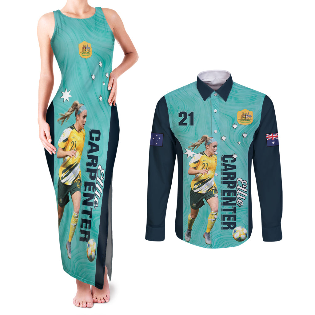 Australia Soccer Couples Matching Tank Maxi Dress and Long Sleeve Button Shirt Ellie Carpenter Matildas - Turquoise