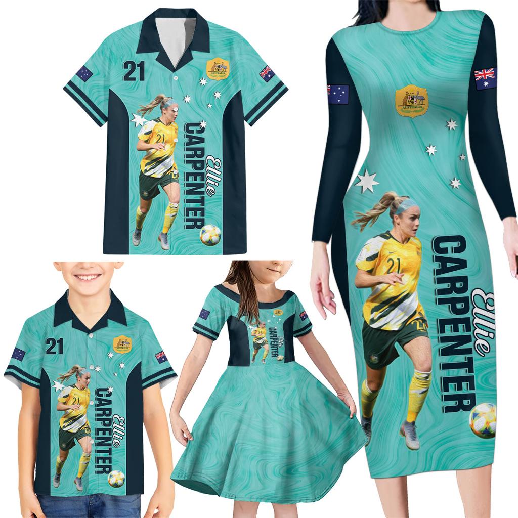 Australia Soccer Family Matching Long Sleeve Bodycon Dress and Hawaiian Shirt Ellie Carpenter Matildas - Turquoise