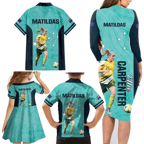 Australia Soccer Family Matching Long Sleeve Bodycon Dress and Hawaiian Shirt Ellie Carpenter Matildas - Turquoise