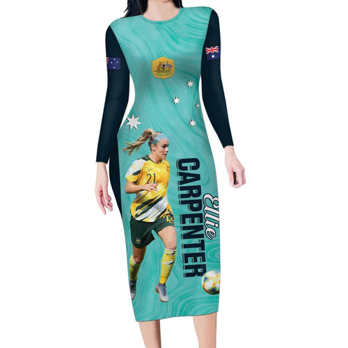 Australia Soccer Family Matching Long Sleeve Bodycon Dress and Hawaiian Shirt Ellie Carpenter Matildas - Turquoise