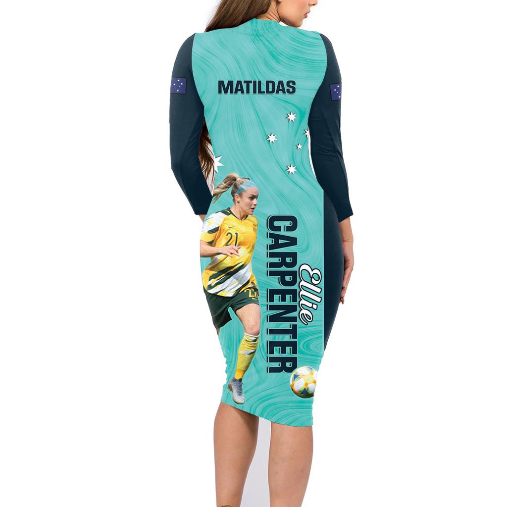 Australia Soccer Family Matching Long Sleeve Bodycon Dress and Hawaiian Shirt Ellie Carpenter Matildas - Turquoise
