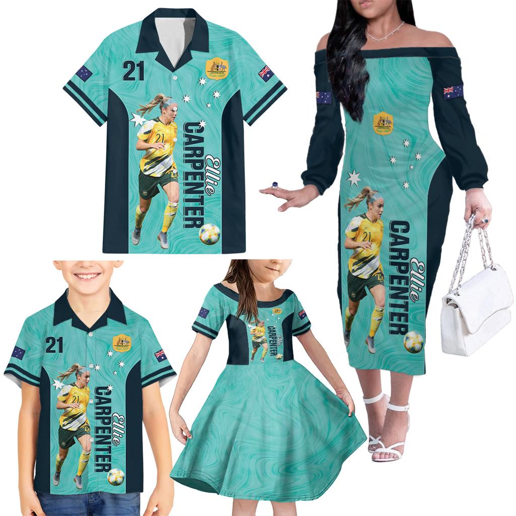 Australia Soccer Family Matching Off The Shoulder Long Sleeve Dress and Hawaiian Shirt Ellie Carpenter Matildas - Turquoise