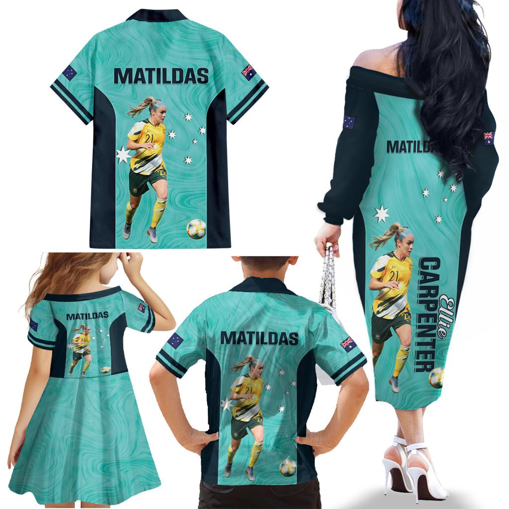 Australia Soccer Family Matching Off The Shoulder Long Sleeve Dress and Hawaiian Shirt Ellie Carpenter Matildas - Turquoise