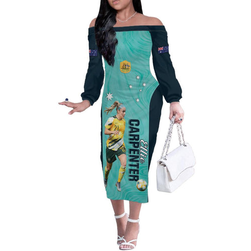 Australia Soccer Family Matching Off The Shoulder Long Sleeve Dress and Hawaiian Shirt Ellie Carpenter Matildas - Turquoise