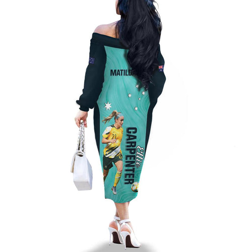 Australia Soccer Family Matching Off The Shoulder Long Sleeve Dress and Hawaiian Shirt Ellie Carpenter Matildas - Turquoise