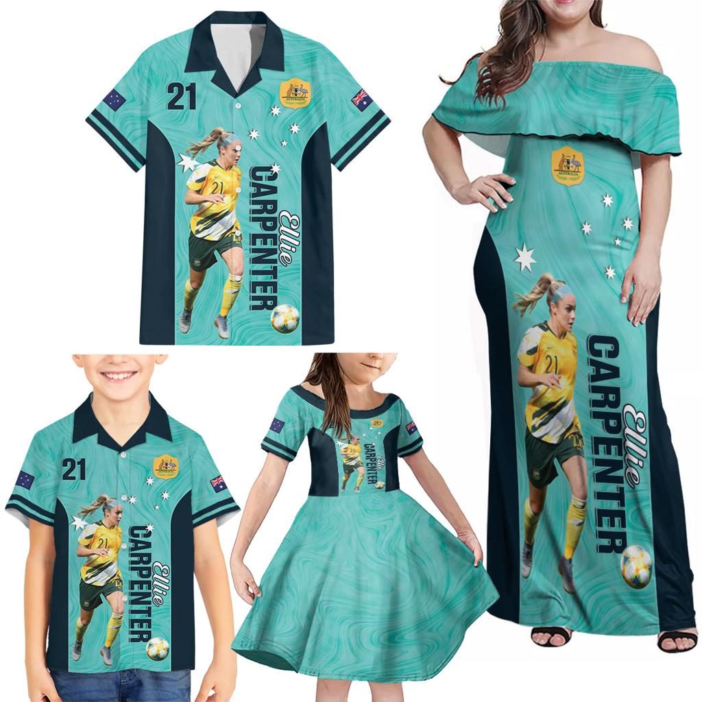 Australia Soccer Family Matching Off Shoulder Maxi Dress and Hawaiian Shirt Ellie Carpenter Matildas - Turquoise