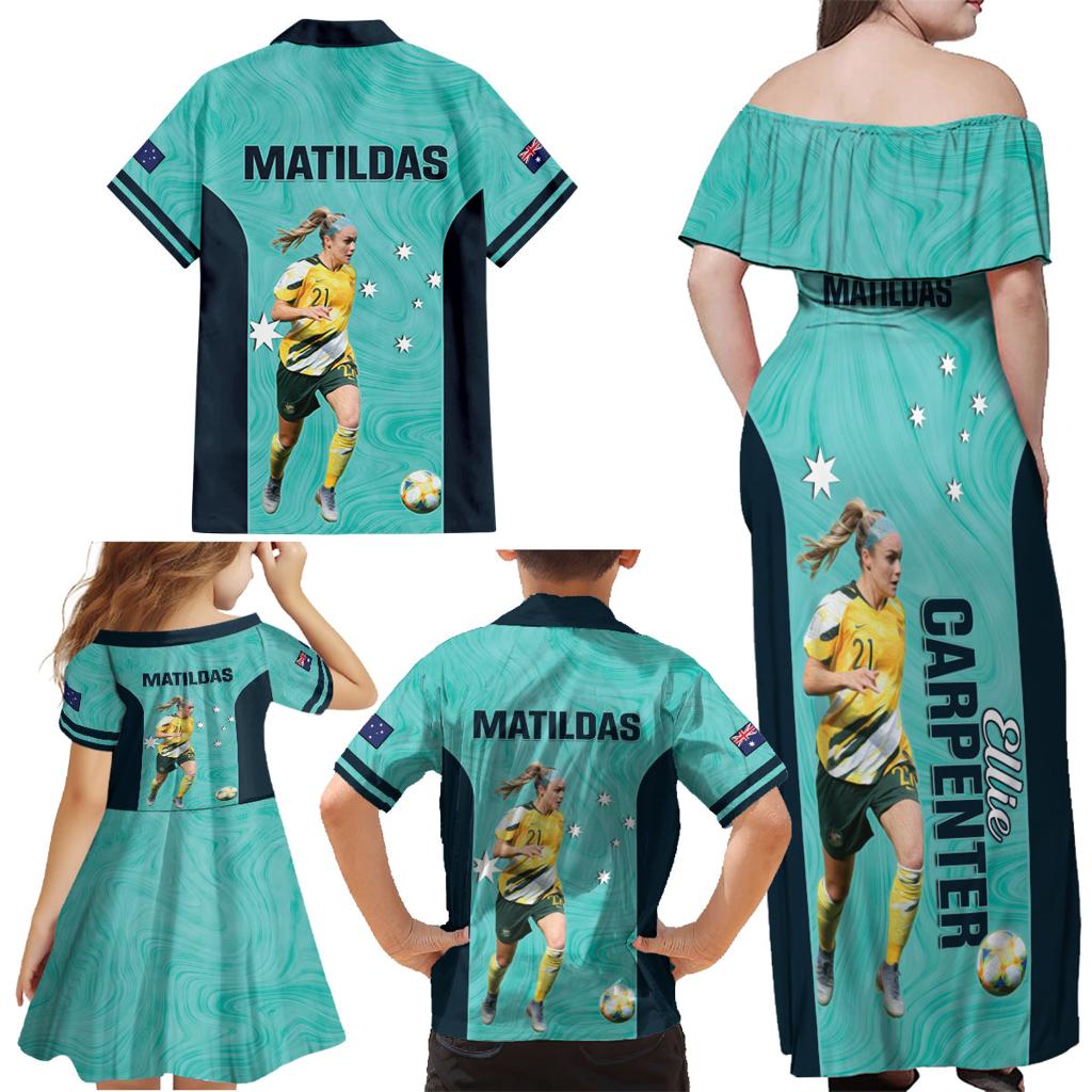 Australia Soccer Family Matching Off Shoulder Maxi Dress and Hawaiian Shirt Ellie Carpenter Matildas - Turquoise
