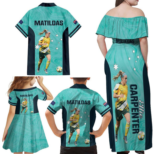 Australia Soccer Family Matching Off Shoulder Maxi Dress and Hawaiian Shirt Ellie Carpenter Matildas - Turquoise
