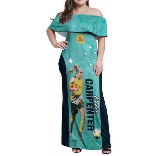 Australia Soccer Family Matching Off Shoulder Maxi Dress and Hawaiian Shirt Ellie Carpenter Matildas - Turquoise