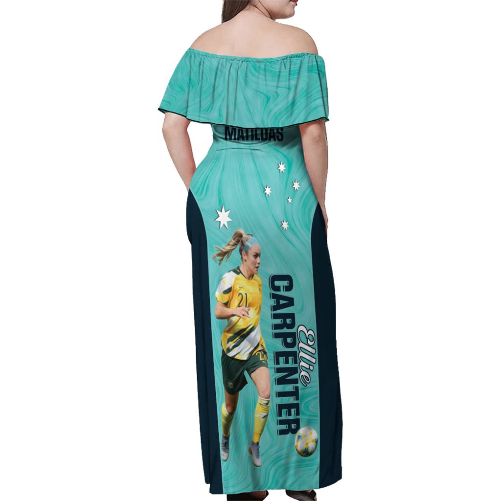Australia Soccer Family Matching Off Shoulder Maxi Dress and Hawaiian Shirt Ellie Carpenter Matildas - Turquoise