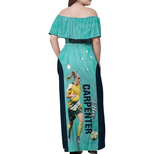 Australia Soccer Family Matching Off Shoulder Maxi Dress and Hawaiian Shirt Ellie Carpenter Matildas - Turquoise