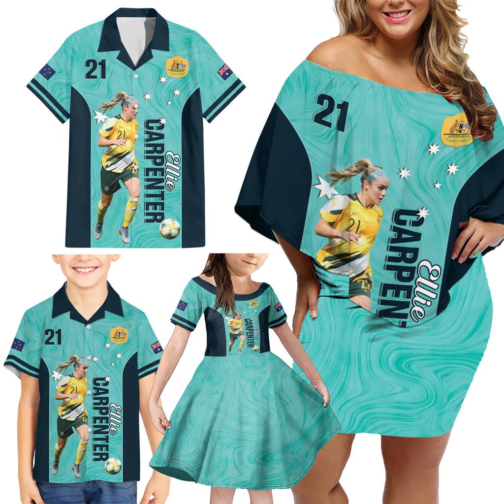 Australia Soccer Family Matching Off Shoulder Short Dress and Hawaiian Shirt Ellie Carpenter Matildas - Turquoise