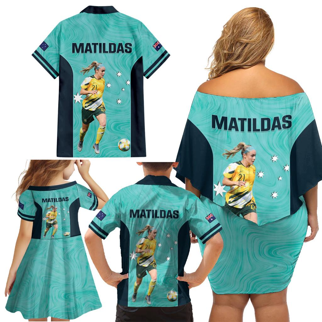 Australia Soccer Family Matching Off Shoulder Short Dress and Hawaiian Shirt Ellie Carpenter Matildas - Turquoise