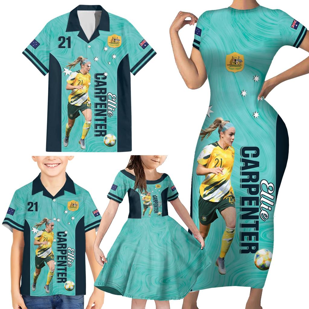 Australia Soccer Family Matching Short Sleeve Bodycon Dress and Hawaiian Shirt Ellie Carpenter Matildas - Turquoise