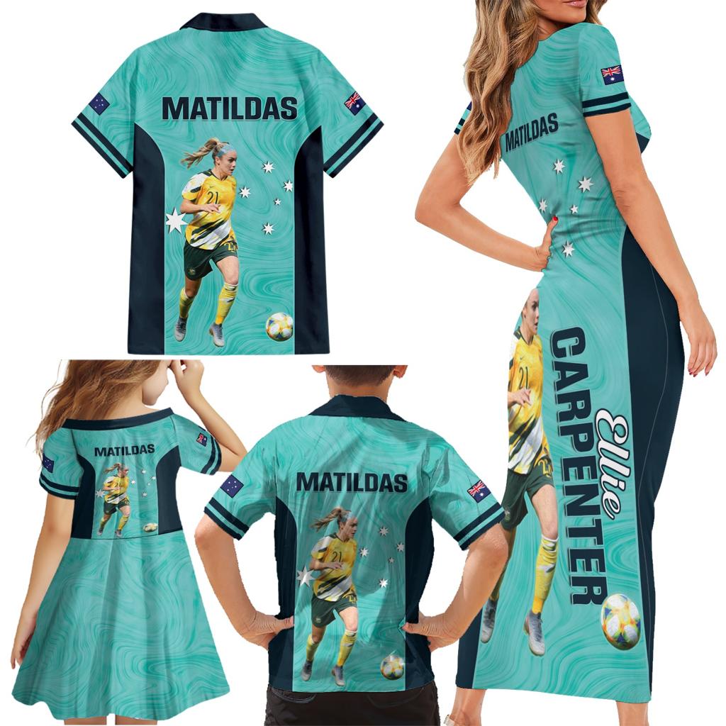 Australia Soccer Family Matching Short Sleeve Bodycon Dress and Hawaiian Shirt Ellie Carpenter Matildas - Turquoise