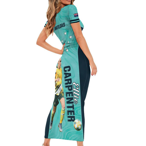 Australia Soccer Family Matching Short Sleeve Bodycon Dress and Hawaiian Shirt Ellie Carpenter Matildas - Turquoise