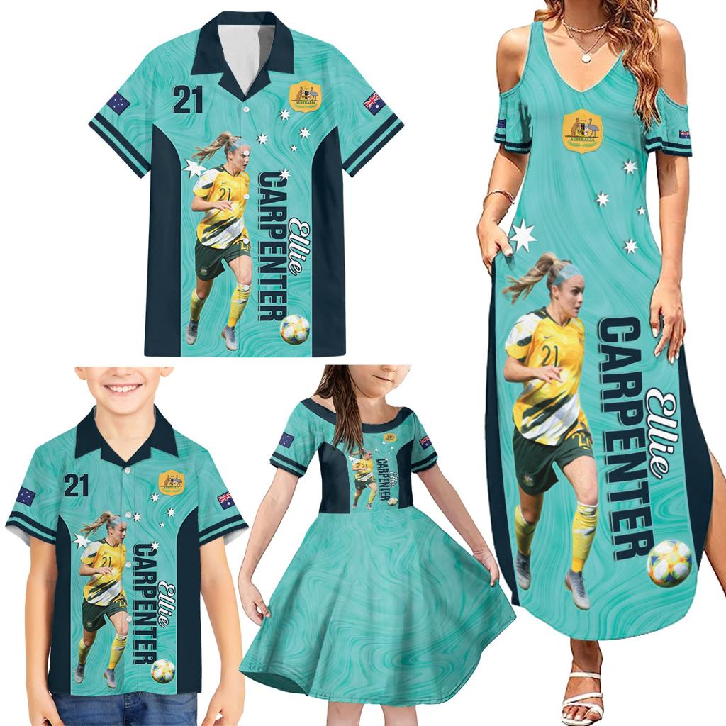 Australia Soccer Family Matching Summer Maxi Dress and Hawaiian Shirt Ellie Carpenter Matildas - Turquoise