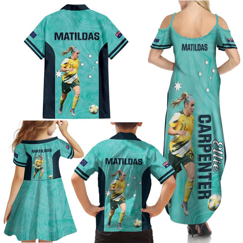 Australia Soccer Family Matching Summer Maxi Dress and Hawaiian Shirt Ellie Carpenter Matildas - Turquoise