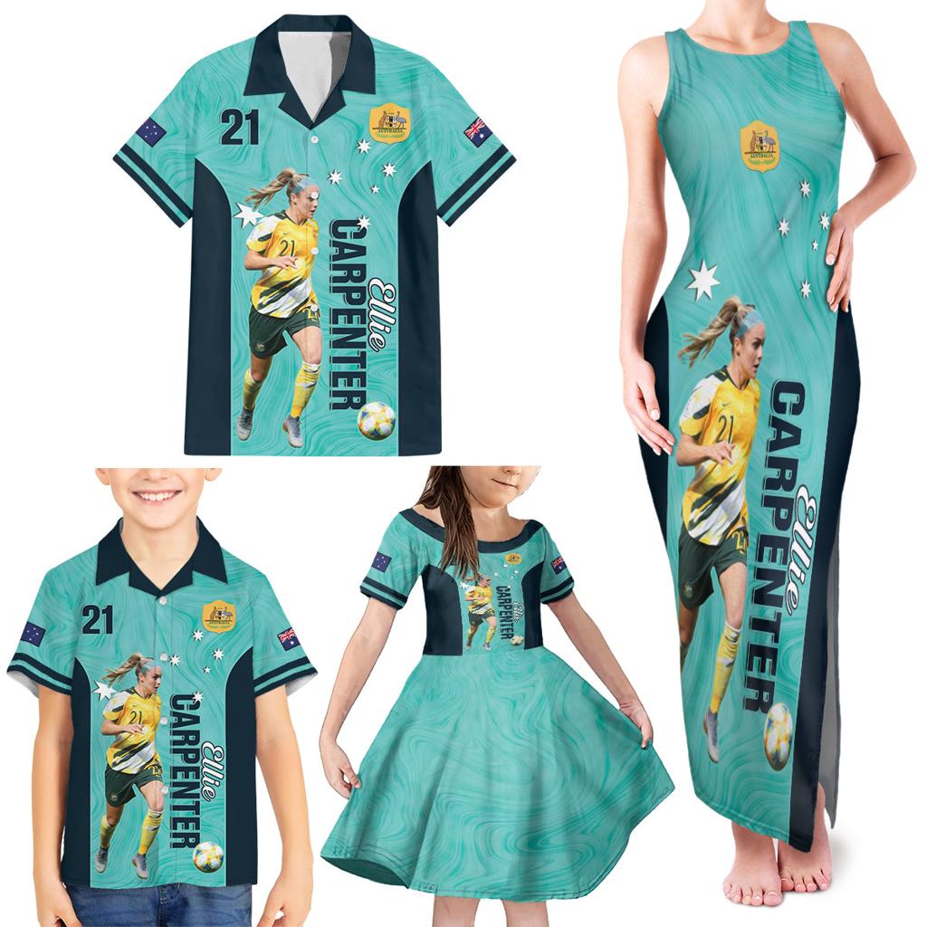 Australia Soccer Family Matching Tank Maxi Dress and Hawaiian Shirt Ellie Carpenter Matildas - Turquoise