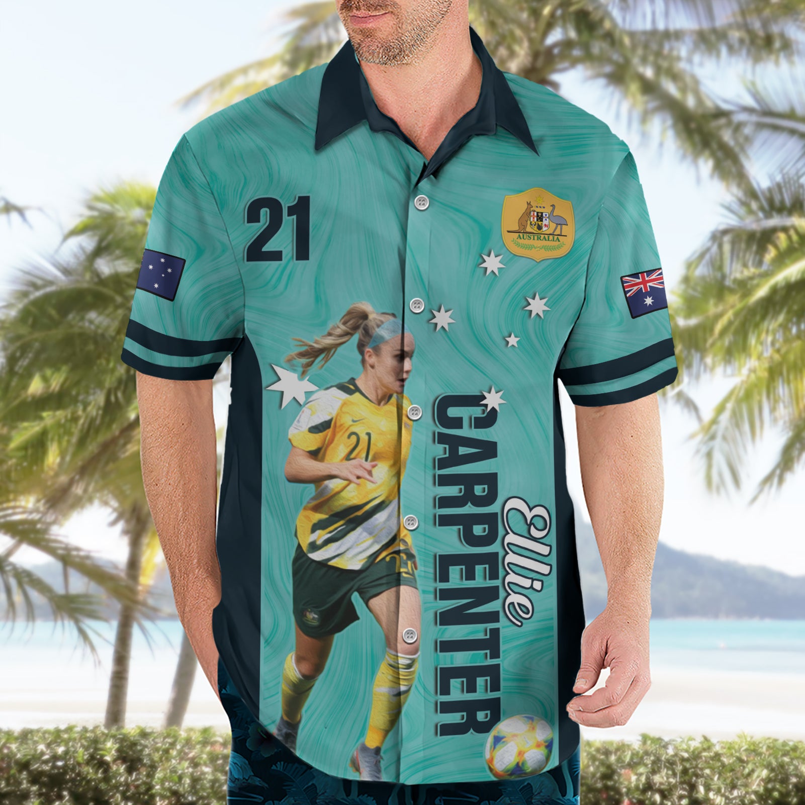 Australia Soccer Hawaiian Shirt Ellie Carpenter Matildas - Turquoise