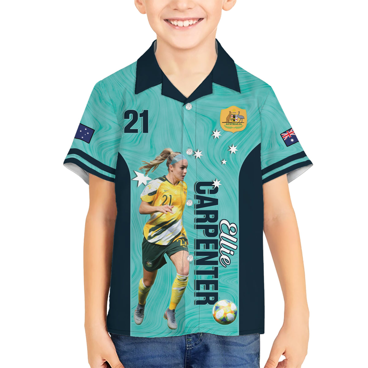 Australia Soccer Kid Hawaiian Shirt Ellie Carpenter Matildas - Turquoise