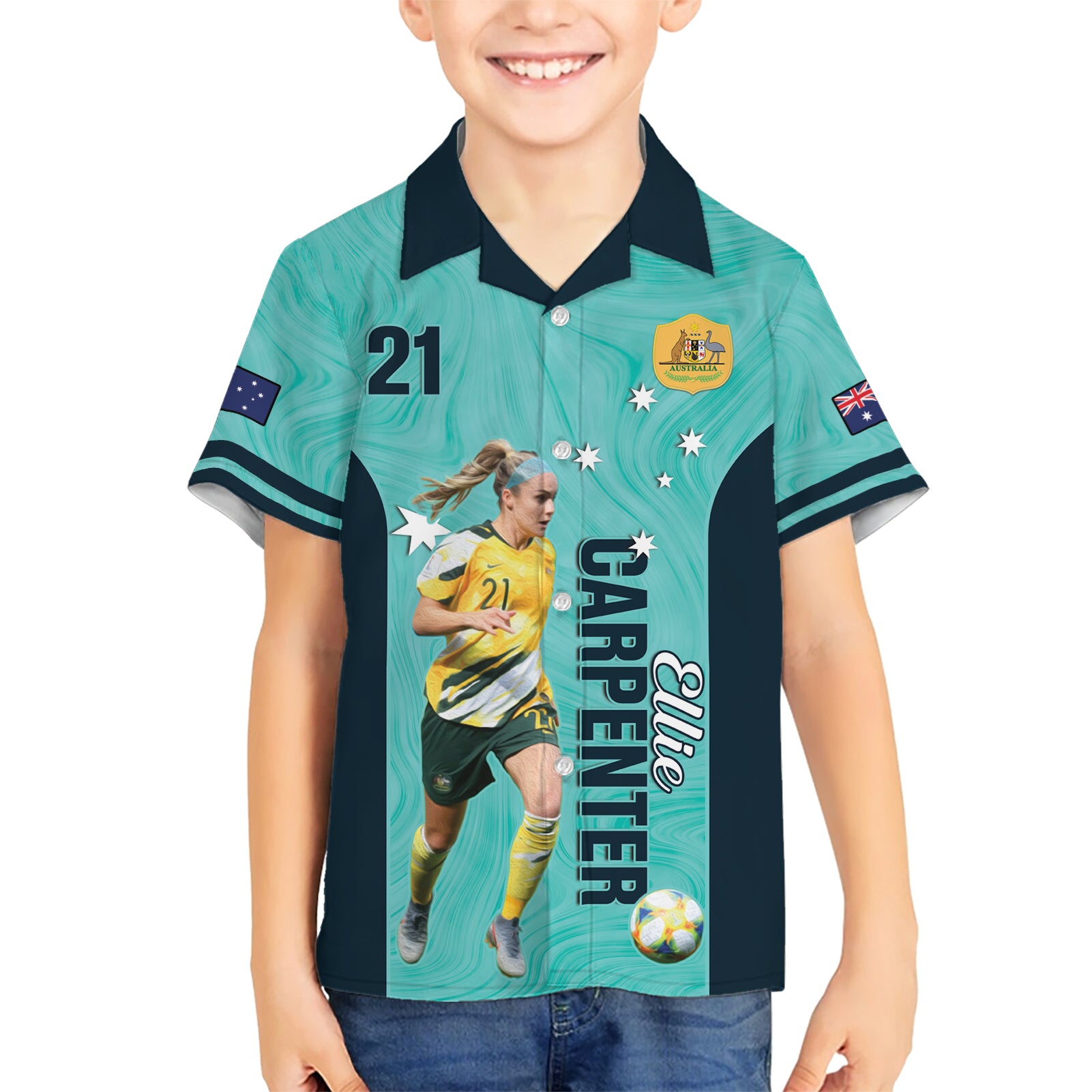 Australia Soccer Kid Hawaiian Shirt Ellie Carpenter Matildas - Turquoise