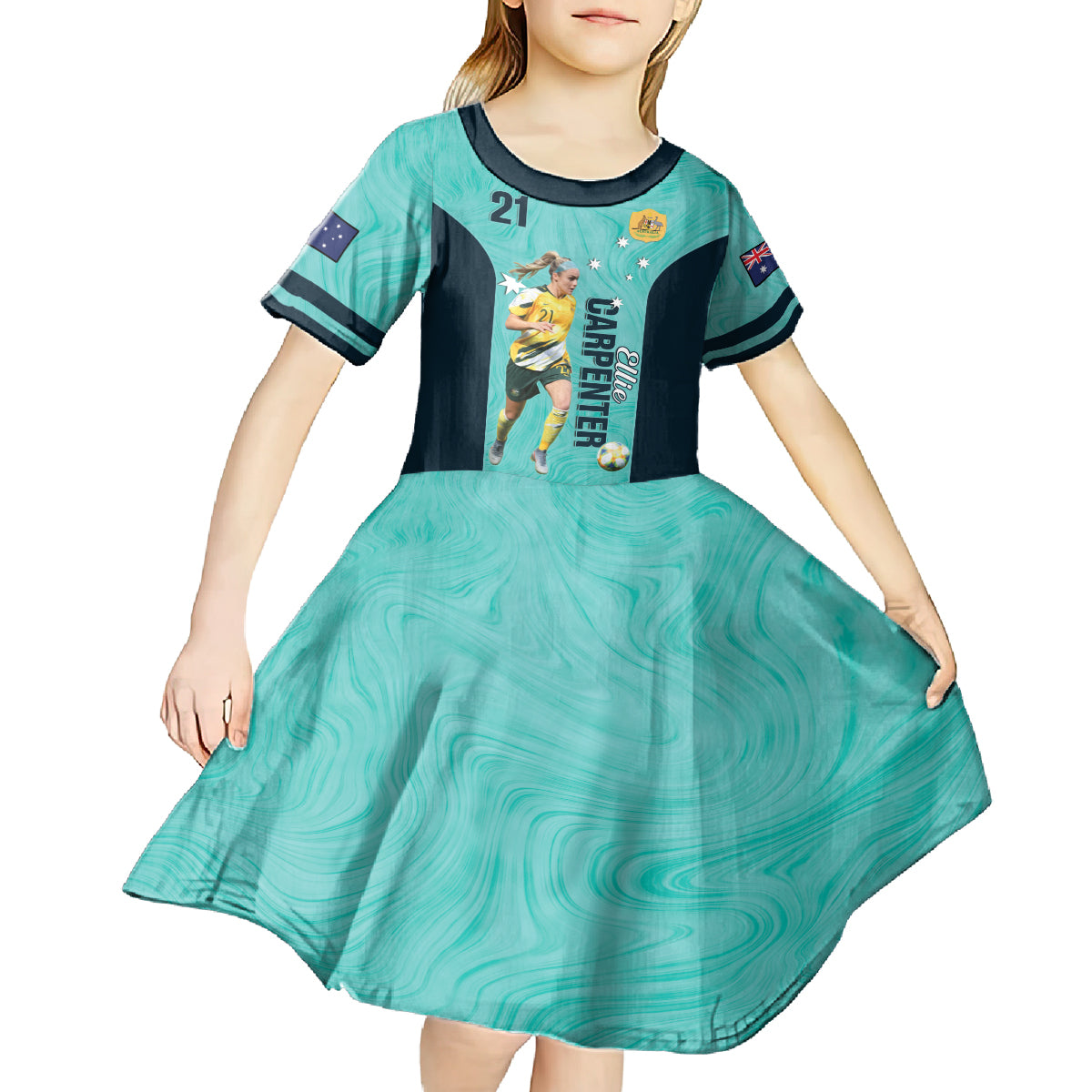 Australia Soccer Kid Short Sleeve Dress Ellie Carpenter Matildas - Turquoise