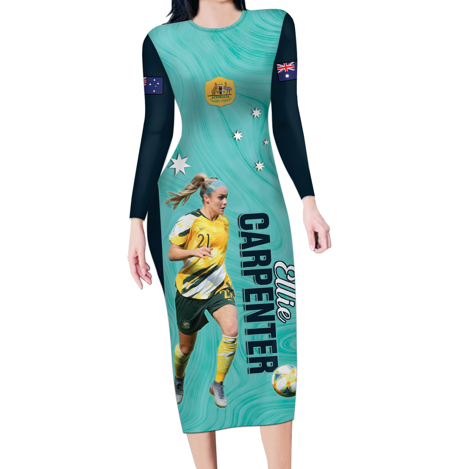 Australia Soccer Long Sleeve Bodycon Dress Ellie Carpenter Matildas - Turquoise