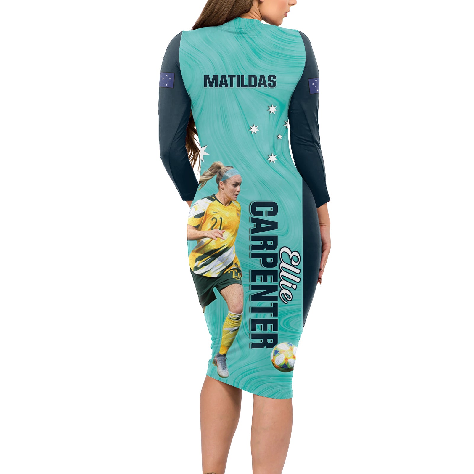 Australia Soccer Long Sleeve Bodycon Dress Ellie Carpenter Matildas - Turquoise