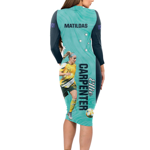 Australia Soccer Long Sleeve Bodycon Dress Ellie Carpenter Matildas - Turquoise