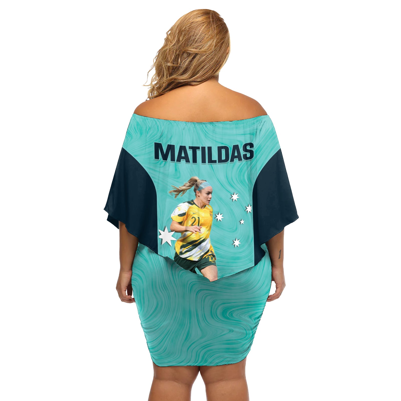 Australia Soccer Off Shoulder Short Dress Ellie Carpenter Matildas - Turquoise
