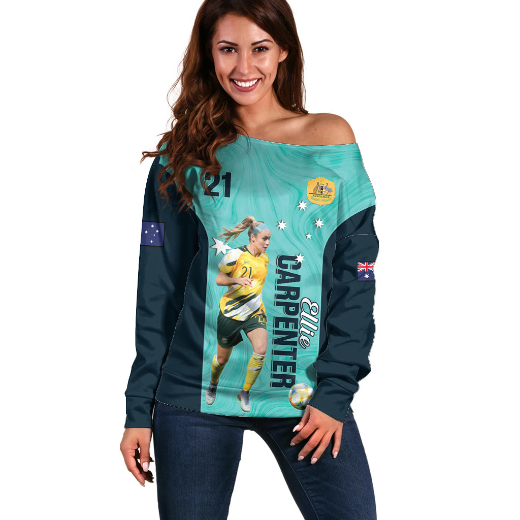 Australia Soccer Off Shoulder Sweater Ellie Carpenter Matildas - Turquoise
