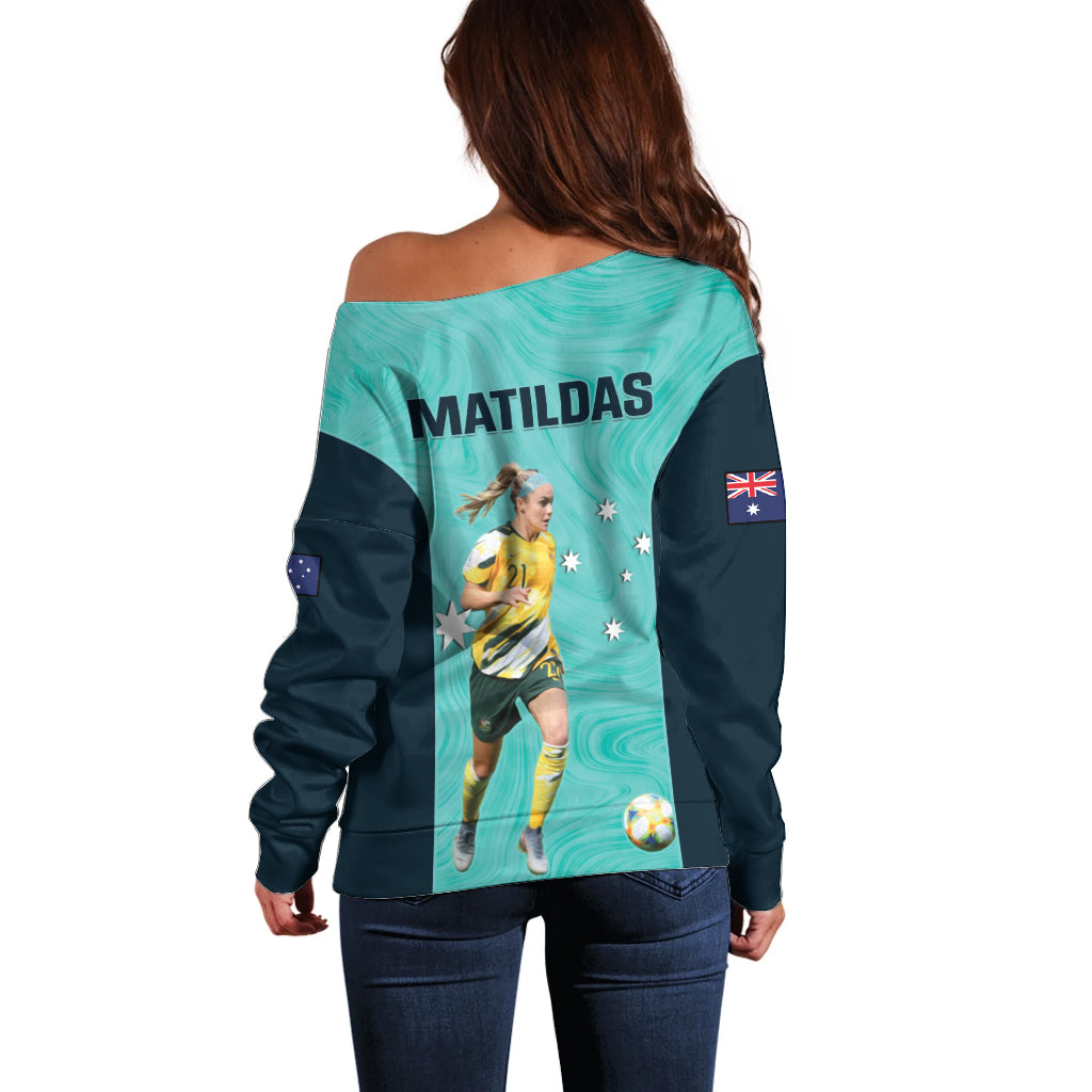 Australia Soccer Off Shoulder Sweater Ellie Carpenter Matildas - Turquoise