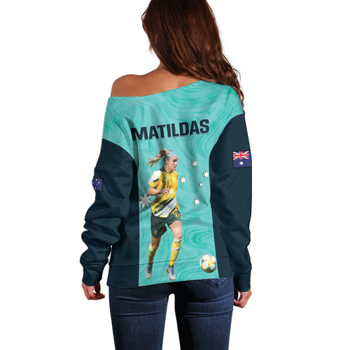 Australia Soccer Off Shoulder Sweater Ellie Carpenter Matildas - Turquoise