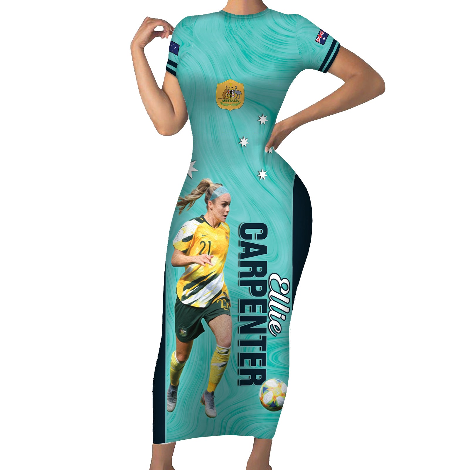 Australia Soccer Short Sleeve Bodycon Dress Ellie Carpenter Matildas - Turquoise