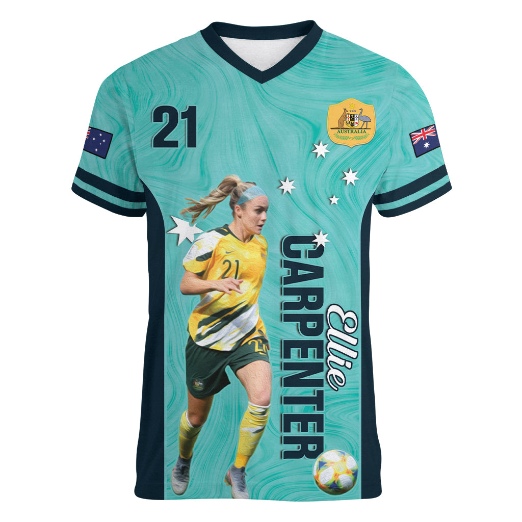 Australia Soccer Women V-Neck T-Shirt Ellie Carpenter Matildas - Turquoise
