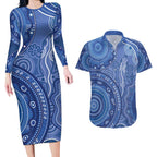 Australia Autism Awareness Couples Matching Long Sleeve Bodycon Dress and Hawaiian Shirt Aboriginal Lizard Dot Painting