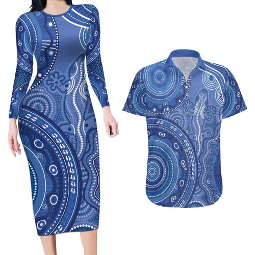 Australia Autism Awareness Couples Matching Long Sleeve Bodycon Dress and Hawaiian Shirt Aboriginal Lizard Dot Painting