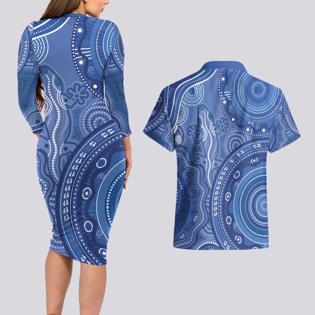 Australia Autism Awareness Couples Matching Long Sleeve Bodycon Dress and Hawaiian Shirt Aboriginal Lizard Dot Painting