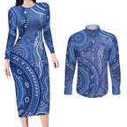 Australia Autism Awareness Couples Matching Long Sleeve Bodycon Dress and Long Sleeve Button Shirt Aboriginal Lizard Dot Painting
