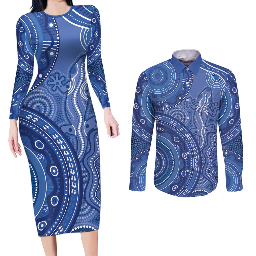 Australia Autism Awareness Couples Matching Long Sleeve Bodycon Dress and Long Sleeve Button Shirt Aboriginal Lizard Dot Painting