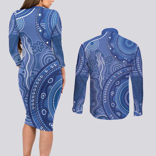Australia Autism Awareness Couples Matching Long Sleeve Bodycon Dress and Long Sleeve Button Shirt Aboriginal Lizard Dot Painting