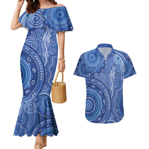 Australia Autism Awareness Couples Matching Mermaid Dress and Hawaiian Shirt Aboriginal Lizard Dot Painting