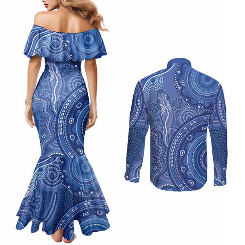 Australia Autism Awareness Couples Matching Mermaid Dress and Long Sleeve Button Shirt Aboriginal Lizard Dot Painting