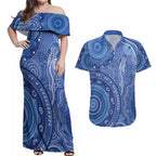 Australia Autism Awareness Couples Matching Off Shoulder Maxi Dress and Hawaiian Shirt Aboriginal Lizard Dot Painting