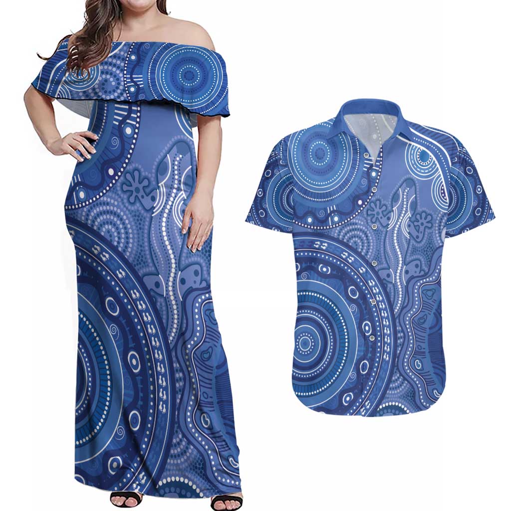 Australia Autism Awareness Couples Matching Off Shoulder Maxi Dress and Hawaiian Shirt Aboriginal Lizard Dot Painting