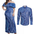 Australia Autism Awareness Couples Matching Off Shoulder Maxi Dress and Long Sleeve Button Shirt Aboriginal Lizard Dot Painting