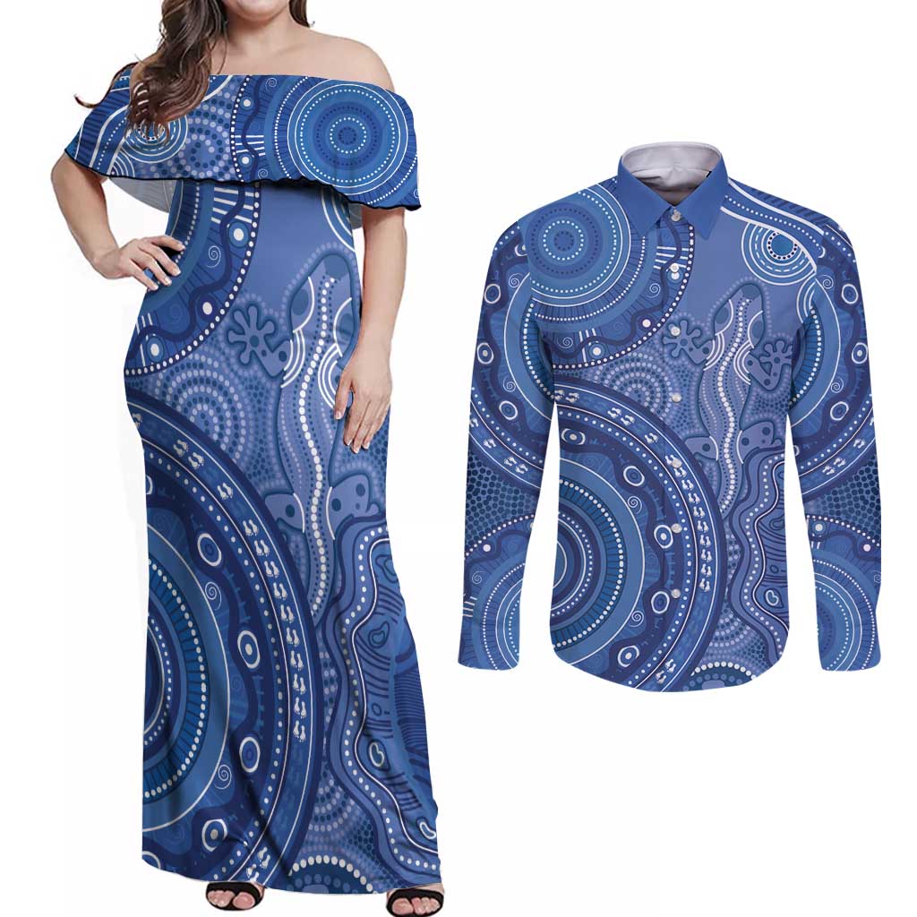 Australia Autism Awareness Couples Matching Off Shoulder Maxi Dress and Long Sleeve Button Shirt Aboriginal Lizard Dot Painting