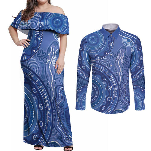 Australia Autism Awareness Couples Matching Off Shoulder Maxi Dress and Long Sleeve Button Shirt Aboriginal Lizard Dot Painting