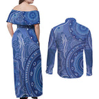 Australia Autism Awareness Couples Matching Off Shoulder Maxi Dress and Long Sleeve Button Shirt Aboriginal Lizard Dot Painting